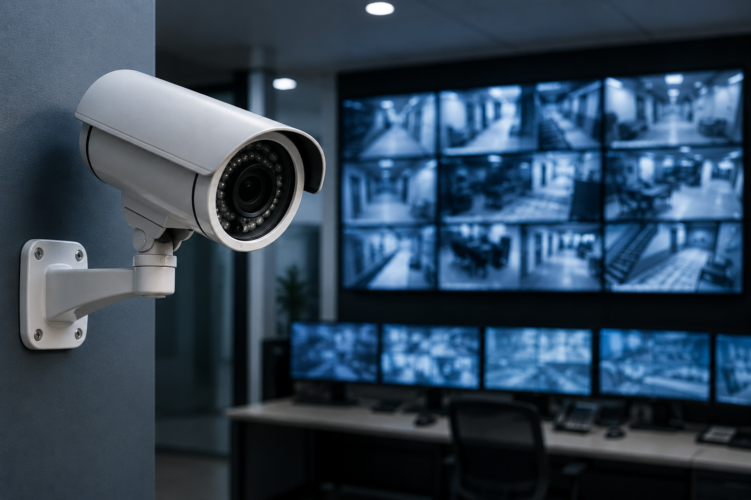 CCTV camera with security monitoring screens